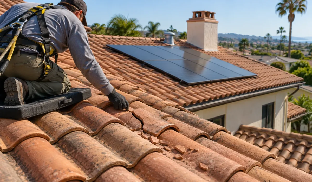 Roof inspector examines cracked clay tiles beside a solar array in San Diego.
