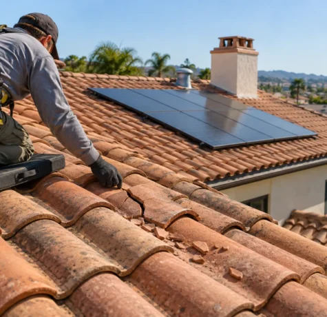 Roof inspector examines cracked clay tiles beside a solar array in San Diego.