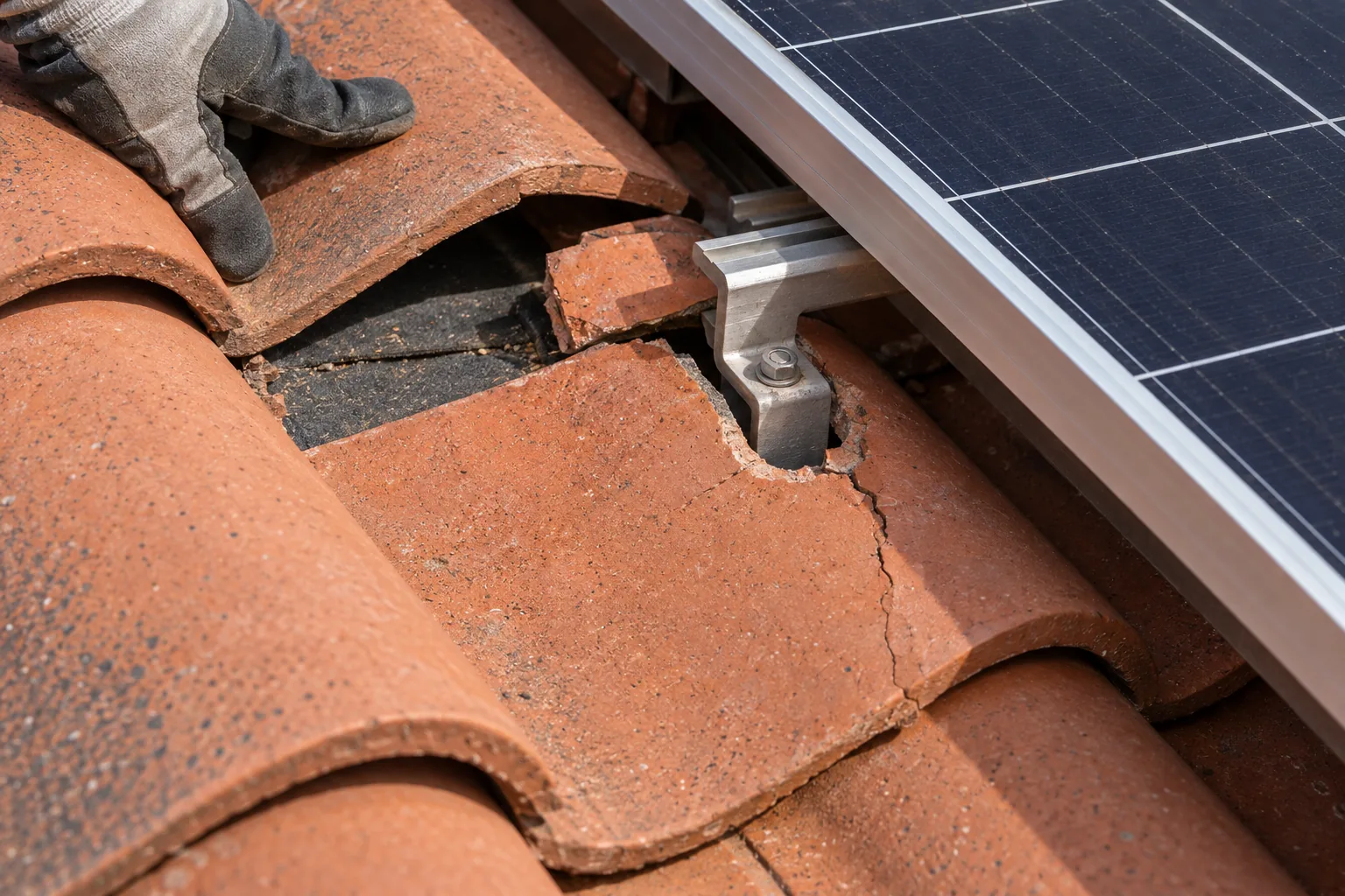 Cracked clay tile and exposed underlayment surround a solar panel mounting bracket.