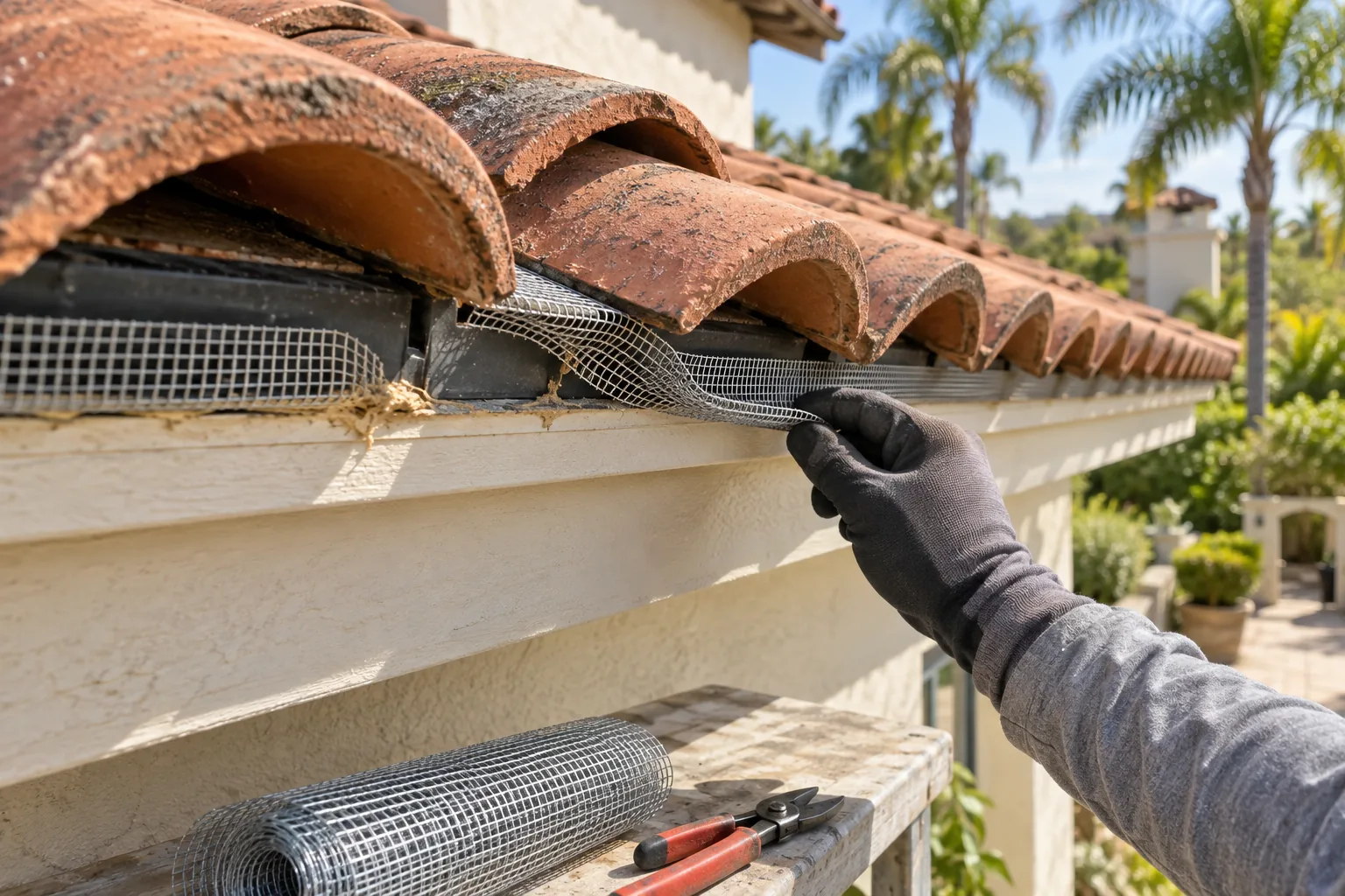 Loose pest exclusion mesh and displaced clay tiles expose damaged roof eave closures.